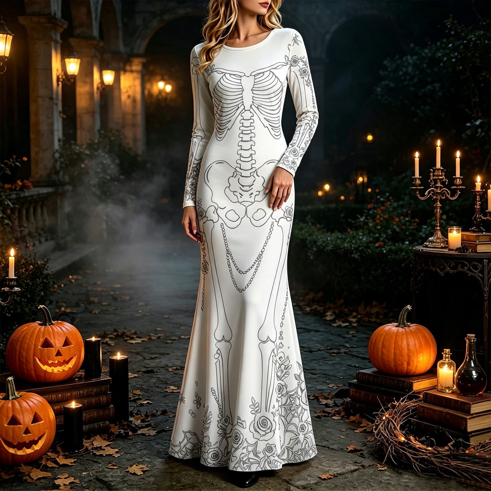 Vestido longo com estampa de r - Halloween Skeleton Decoration avaliação e preço